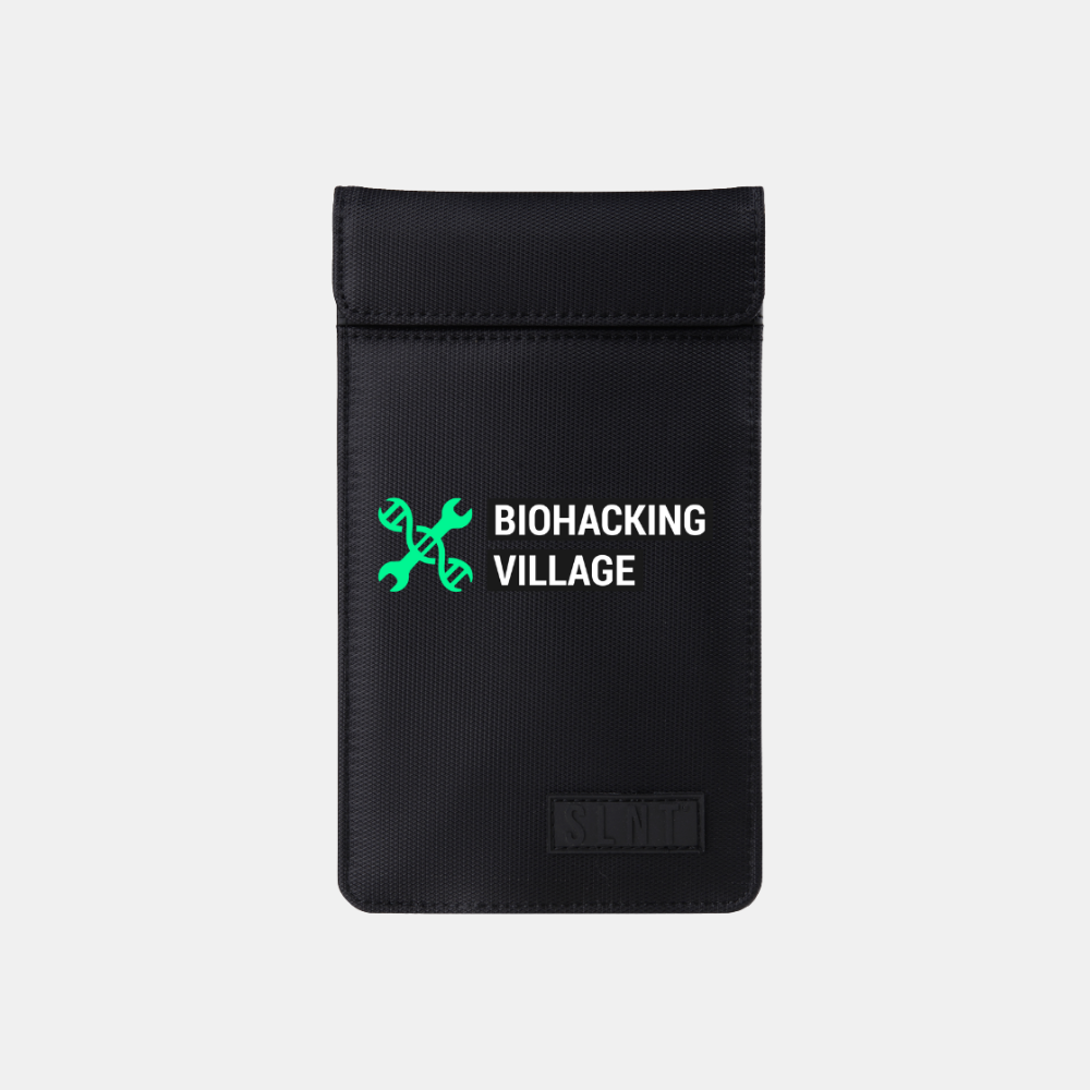 SLNT Faraday Phone Sleeve with custom print of Biohacking Village logo