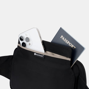 An open view of the RFID-blocking sling, showing the Faraday cage lining inside. The Silent Pocket® technology prevents wireless hacking, data theft, and GPS tracking, ensuring total security for valuables.