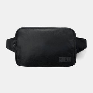 Compact black sling bag with a built-in Faraday cage, blocking RFID and wireless signals. Features a zippered main pocket and a fold-over back pocket for secure storage.