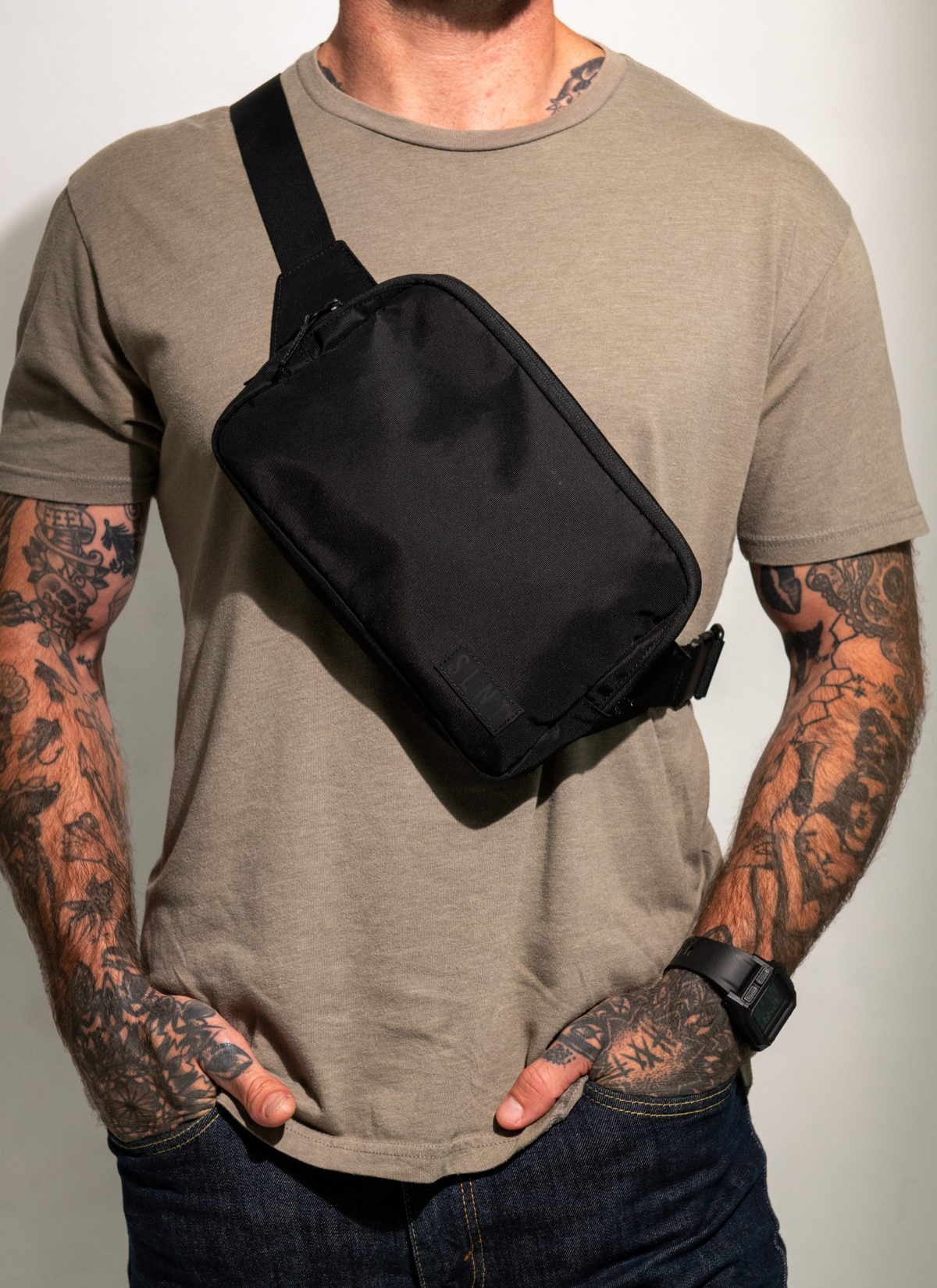 Man Wearing Compact Faraday Sling 