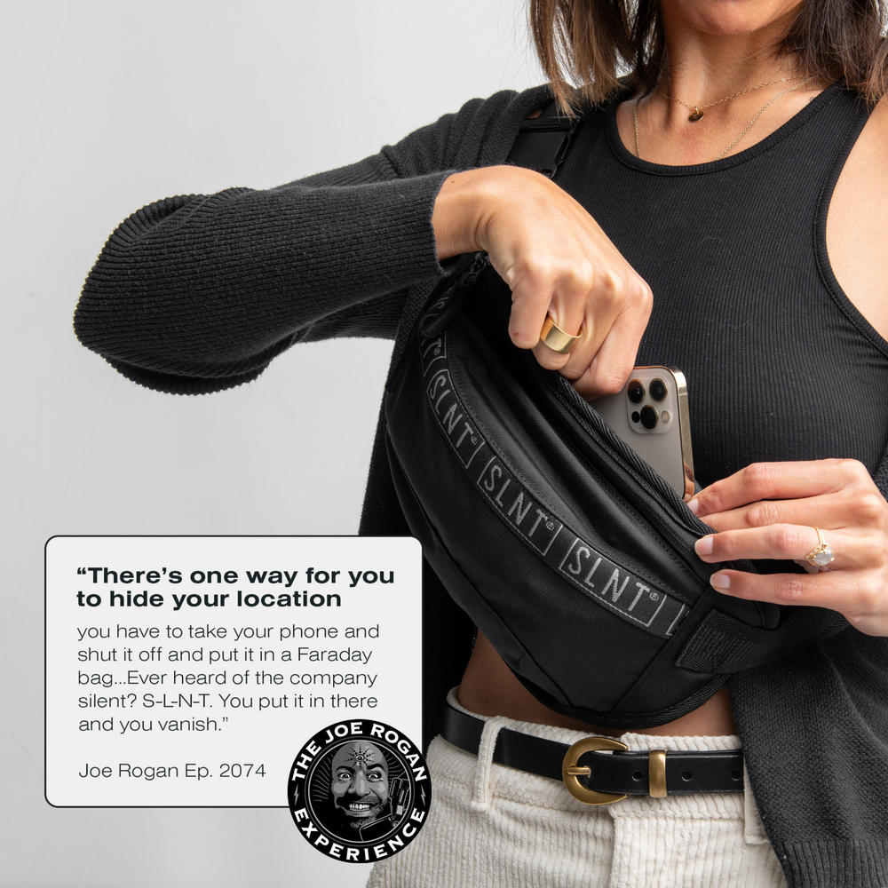 Women wearing SLNT Essentials Faraday Sling with quote from Joe Rogan