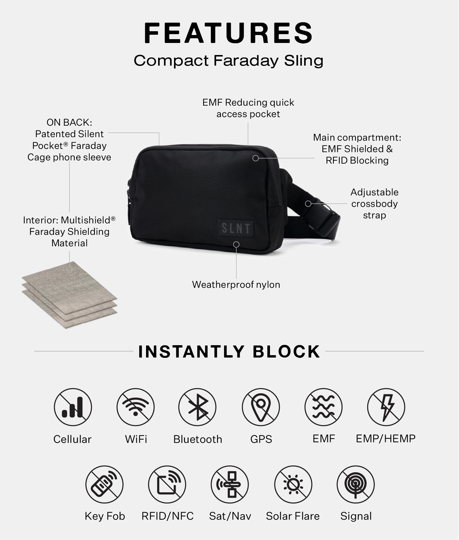 Key features and the benefits of the Compact Faraday Sling By SLNT