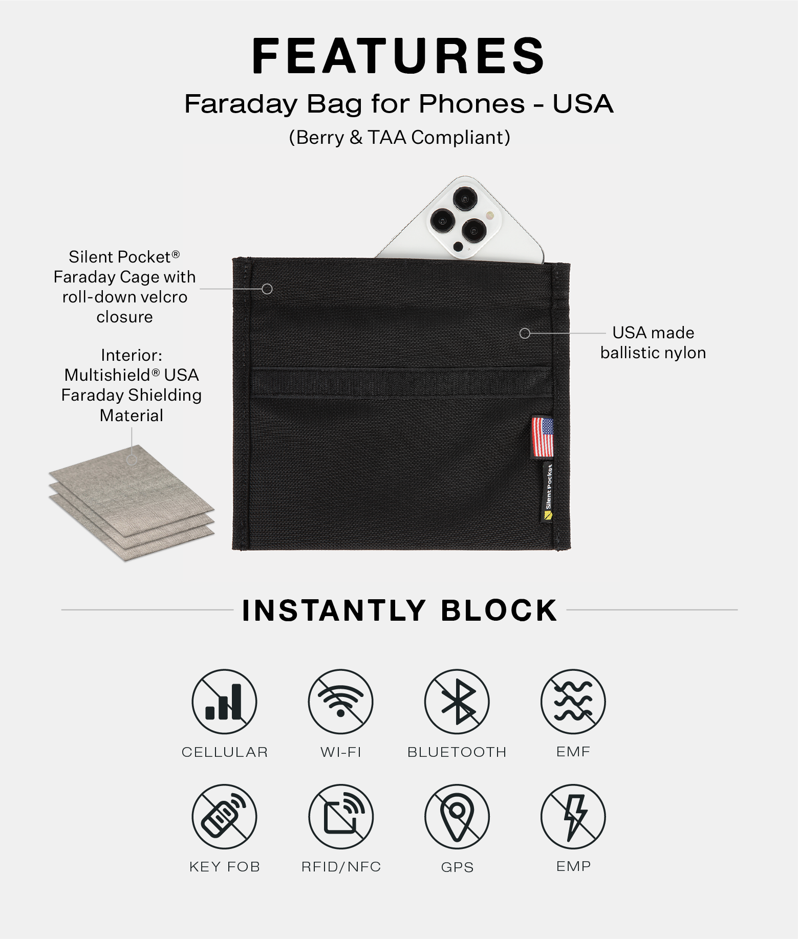 Faraday Cage For Phone Faraday Phone Bag Made In USA Black USA