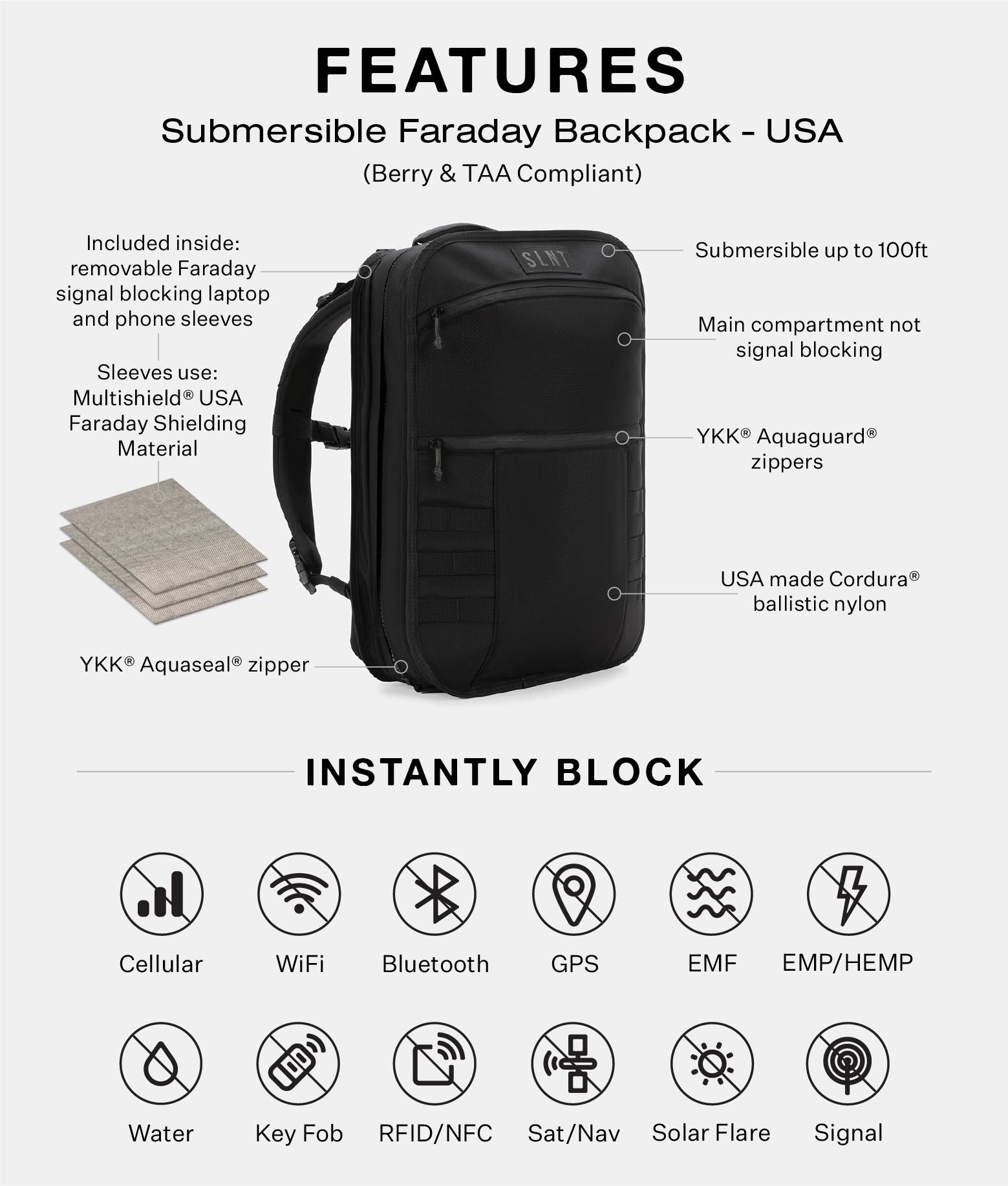 Submersible Faraday Backpack Made in USA SLNT