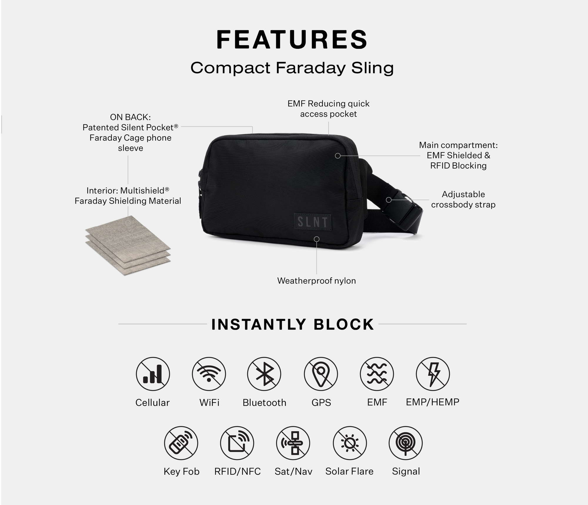 Key features and the benefits of the Compact Faraday Sling By SLNT